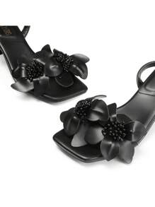 Women Kitten Heeled Sandals With Flower Decor, Elegant Square Open Toe Ankle Strap Summer Sandals For Wedding Party Daily Wearing - Black - View 8
