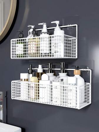 1pc Iron Bathroom Storage Rack, Non Perforated Wall Mounted Storage Rack, Bathroom Shelf Organizer