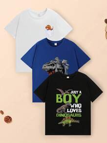3 st./set Jong Van een jongen Trendy Straatstijl Tekst & Dinosaurusprint T-shirt , 2024 Ronde hals Pullover T-shirts , Lente/Zomer