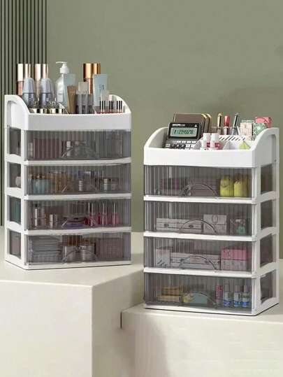 1-4层大容量抽屉式化妆品收纳盒，塑料化妆品收纳盒，口红盒，办公用品收纳盒，珠宝盒，适合度假、海滩、浴室、卧室等场所，大容量