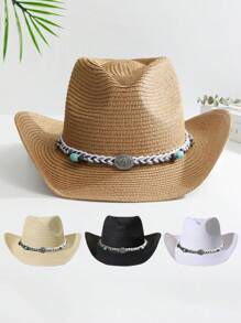 1pc Unisex Cattle Head & Belt Decor Boho Cowgirl Hat Cowboy Hat Visor Straw Hat Beach Hat For Outdoor - Multicolor 3 - View 10