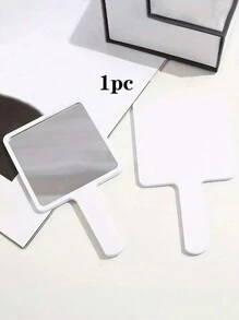 1pc White Square Portable Handheld Cosmetic Mirror, Mini Handheld Comb Mirror, Suitable For Travel, School And Office Use. - White - View 1