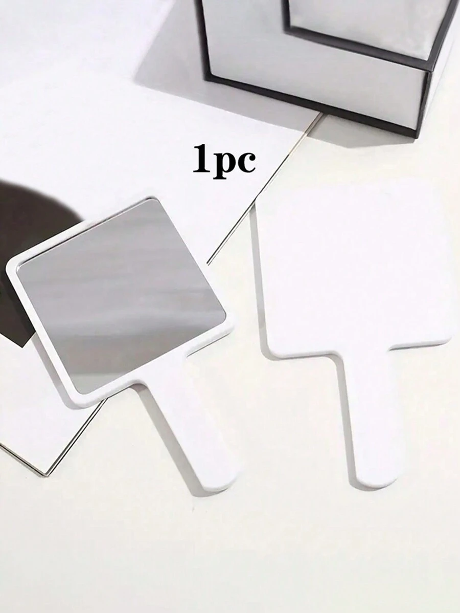 1pc White Square Portable Handheld Cosmetic Mirror, Mini Handheld Comb Mirror, Suitable For Travel, School And Office Use. - White - View 1