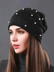 優雅1入女士黑色假珍珠和熱鑽飾釘毛帽，適用於秋冬戶外活動和產後 - 黑色 - 查看 13
