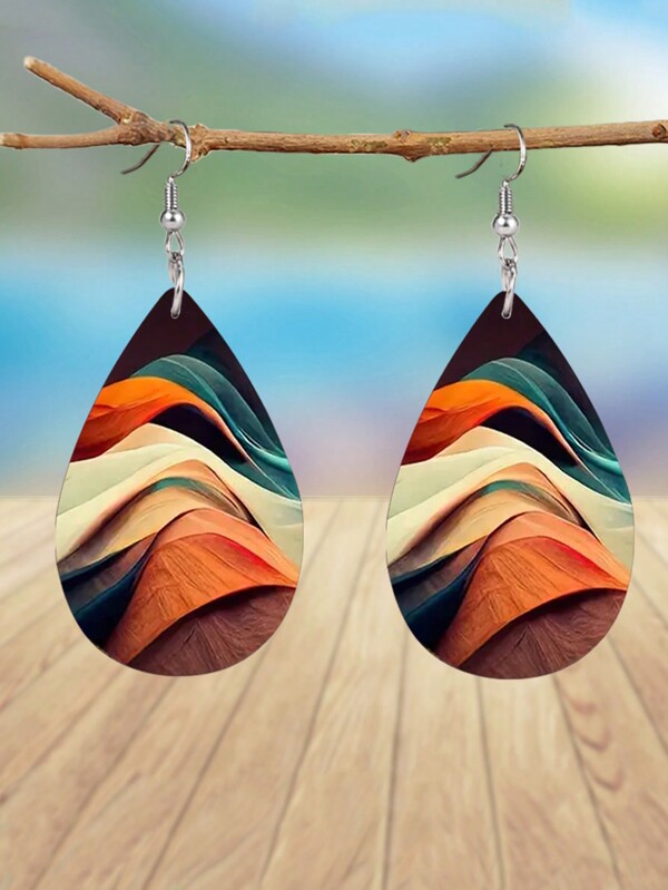 1 Pair Abstract Colored Mountain Peaks Shape Leather Earrings Lightweight Teardrop Faux Leather Ear Drops Suitable For Women Daily Wear Great Gift