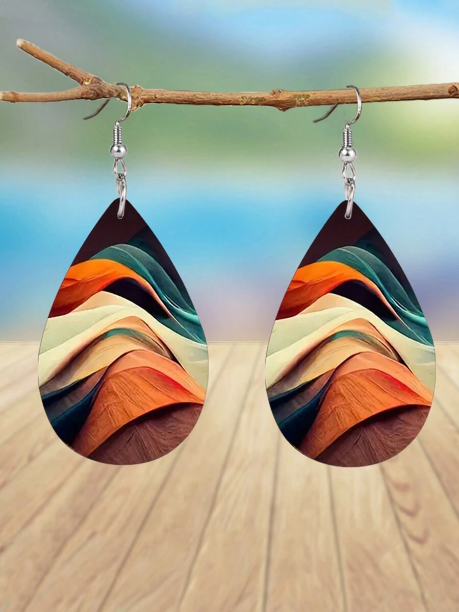 1 Pair Abstract Colored Mountain Peaks Shape Leather Earrings Lightweight Teardrop Faux Leather Ear Drops Suitable For Women Daily Wear Great Gift