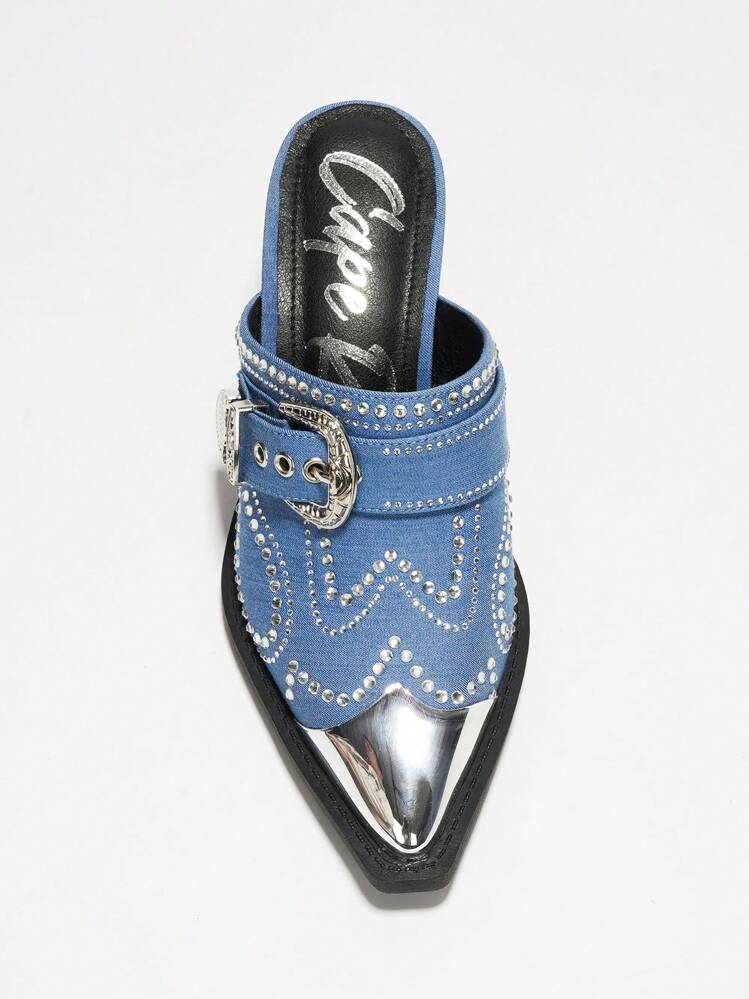 Women's  Rhinestone And Buckle Decor Denim Pointed Heel - Single Pointy Toe Denim Slip On High Heel For Festival Shoes - 藍色 - 查看 4