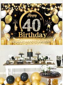 1块100*150cm黑金破碎金風格40岁生日聚酯背景布,上面印有“生日快乐”,黑金主题生日派对房间墙壁装饰横幅,裝飾性掛布 - 黑金色 - 查看 2