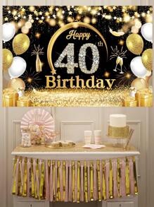 1块100*150cm黑金破碎金風格40岁生日聚酯背景布,上面印有“生日快乐”,黑金主题生日派对房间墙壁装饰横幅,裝飾性掛布 - 黑金色 - 查看 1