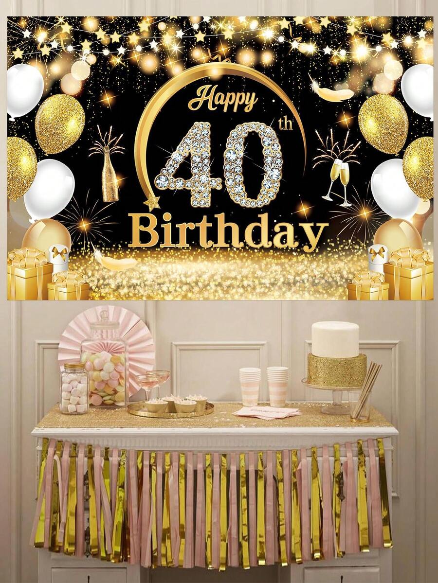 1块100*150cm黑金破碎金風格40岁生日聚酯背景布,上面印有“生日快乐”,黑金主题生日派对房间墙壁装饰横幅,裝飾性掛布 - 黑金色 - 查看 1
