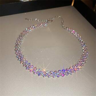 1pc Fashionable Ab Color Rhinestone Choker Necklace Suitable For Women's Party And Daily Wear