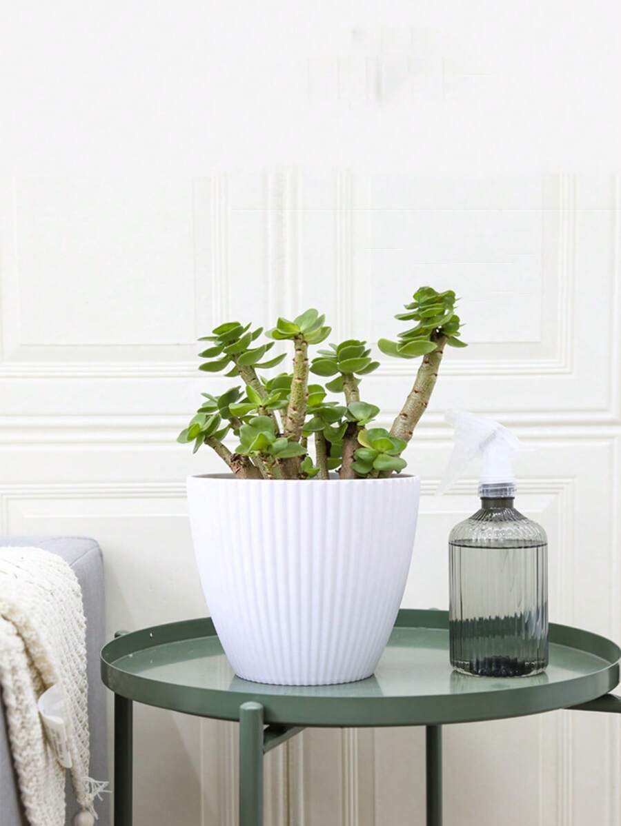 1 pieza Planta maceta minimalista de gran / pequeño tamaño con bandeja engrosada, maceta circular coloreada con patrón de franjas verticales - Blanco - Ver 1