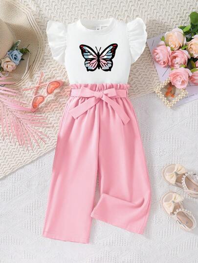 Camiseta Corta De Cuello Redondo Con Ruffles, Estampado De Mariposas Y Pantalones De Cintura De Bolsa De Papel Con Cinturón Para Niña
