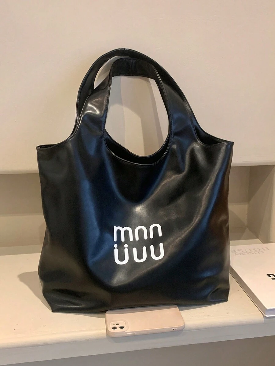 Dedoo Women's Large Capacity Shoulder Tote Bag, Letter Print Metallic Leather, Suitable For Young Women's Daily Commute, Shopping, Leisure Handbag, All Season - Black - View 1
