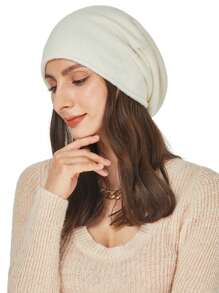 1 件装针织羊毛无檐小便帽女士秋冬保暖柔软卷边仿羊绒宽松无檐小便帽女式 SKullies 帽子休闲 - 黑色 - 查看 5