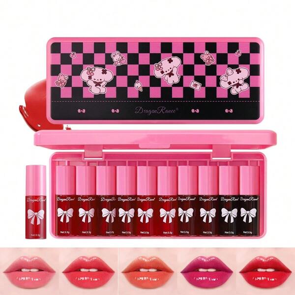Dragon Ranee Conjunto De Batom E Gloss Labial, 10 Peças, Cores Hidratantes Com Acabamentos Diferentes, Cores De Longa Duração E Não-adesivas Que Incluem Jelly, Brilho, Efeito De Vidro E Diamante