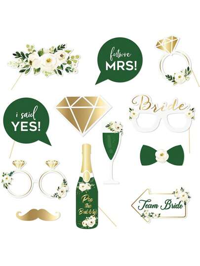 12pcs Wedding Photo Booth Props Green Gold Party Centerpiece Sticks Table Toppers For Bridal Shower, Bachelorette Party, Birthday, Engagement Pictures And Selfies For Bride To Be