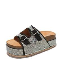 Women's  Rhinestone Buckled Flatform Sandals - Platform Round Toe Slip On High Heel For Friday Nights - 銀色 - 查看 3