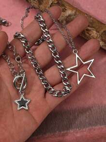 3pcs Y2K Gô-tích Vintage Nhạc Punk Rock Phong cách Hình sao Pha lê Dát Vòng cổ choker Bộ , Hip-hop Boho Chic Ngôi sao Vật rủ xuống Thép không gỉ Liên kết Dây chuyền Đồ trang sức Bộ dụng cụ - Bạc - Xem 3