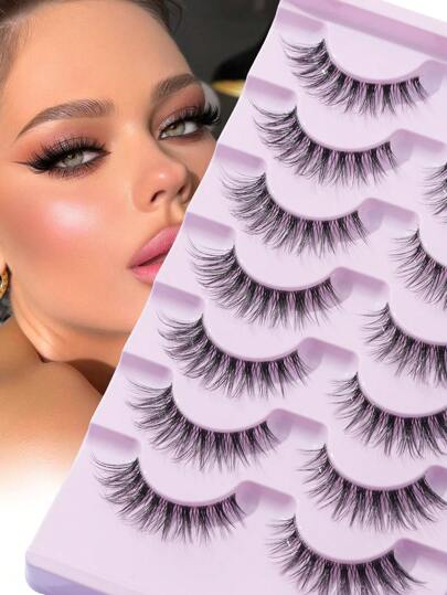 7pairs Natural D Curl Crossed False Eyelashes With Transparent Stems For Lengthening