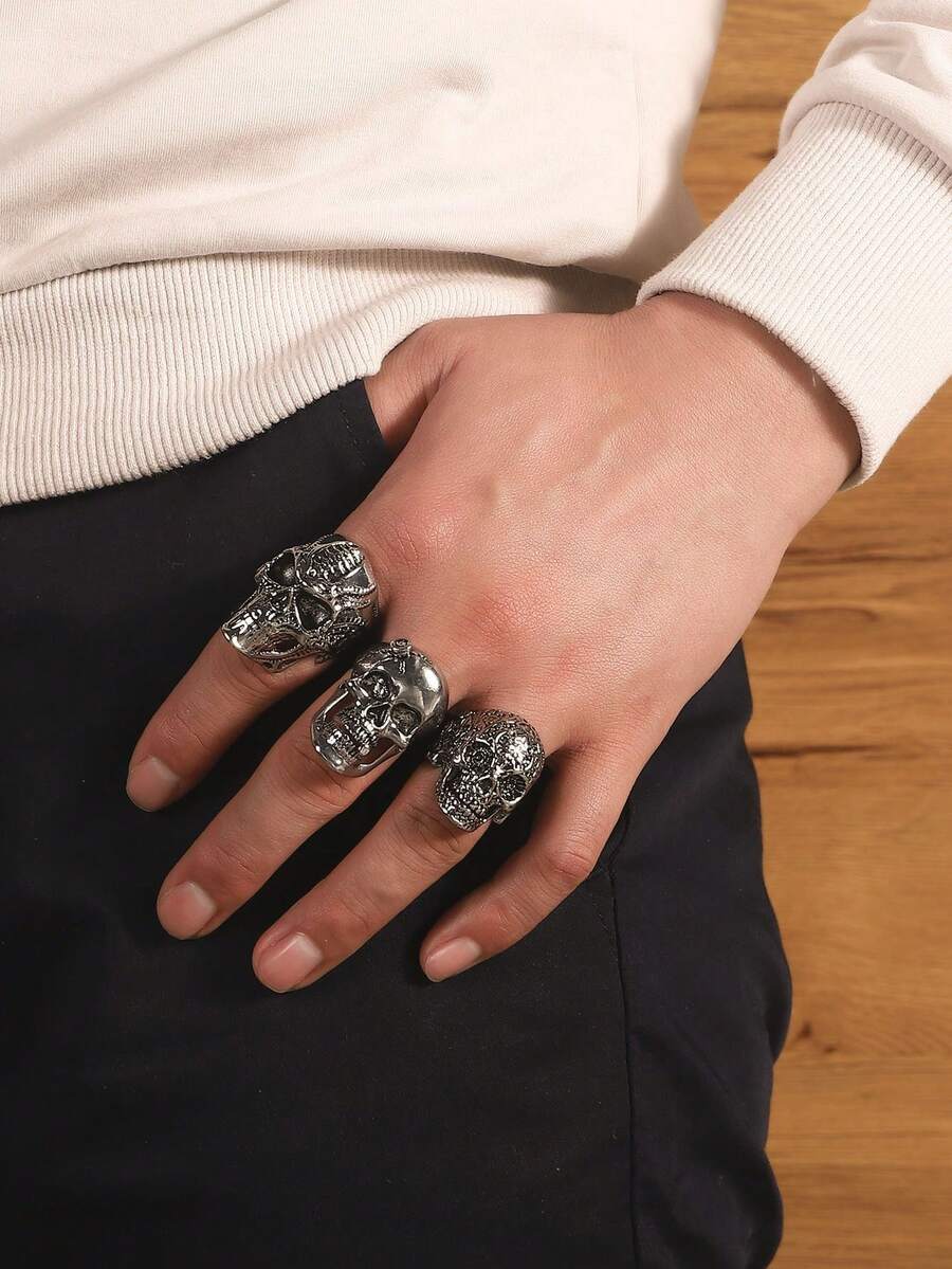 yijiangbeiting 3 件套时尚个性化朋克风格骷髅戒指，适合男士，日常佩戴配饰 - 彩色 - 查看 1