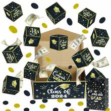 14PCS Graduation Explosion Money Box 10 Bounces Cash Exploding Money Boxes Graduation Cards With Confetti Congrats Grad Pop Up Gift Boxes Money Pull Box For Class Of 2024 Graduation Party - Black Gold - View 1
