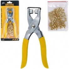 Alicate Para Colocar Ilhos Manual + 100 Ilhoses Dourados - Amarelo - Visão 1