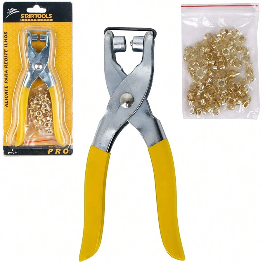 Alicate Para Colocar Ilhos Manual + 100 Ilhoses Dourados - Amarelo - Visão 1