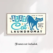 1入洗衣房帶有可愛的藍色原子貓廁所標誌裝飾的帆布牆藝術,有趣的洗衣浴室中的貓咪圖片海報,中世紀現代印花送給媽咪貓奴的禮物,防水且無框 - 彩色 - 查看 1