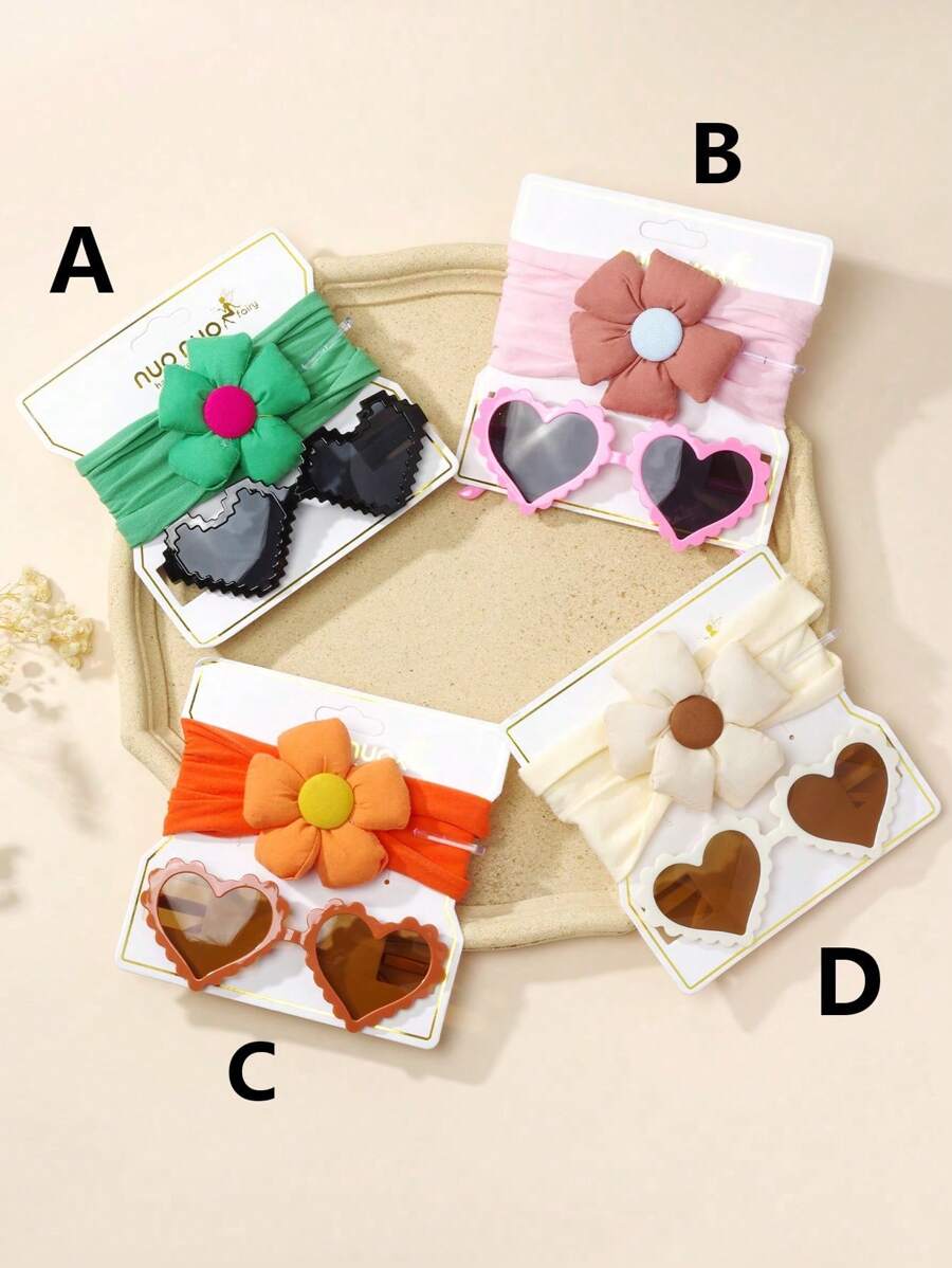 可爱女孩时尚眼镜和头带套装，双色花形时尚眼镜镂空蝴蝶结头带组合 - 彩色 - 查看 1