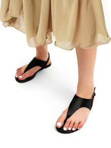 Women Rhinestone Gladiator T-Strap Thong Sandals Casual Wear Cute Flat Sandals Adjustable Buckle Beach Dress Summer Shoes - 全黑-Pu - 查看 5