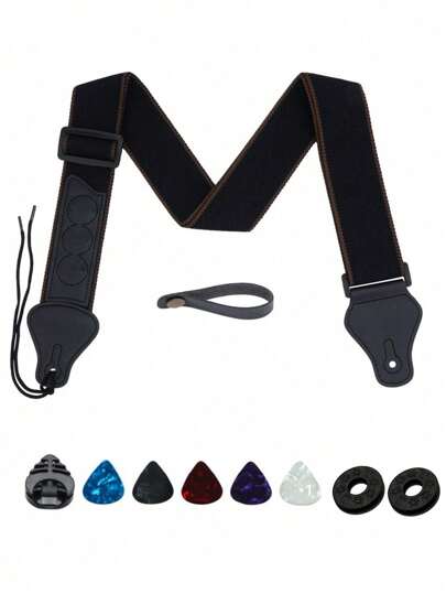Guitar Strap, Soft Guitar Straps With 3 Pick Holders, Strap Button Headstock Adaptor, 1 Pair Strap Locks and 5 Guitar Picks Set For electric/Acoustic Guitar