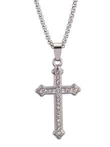 1 Stück Einfaches Cross Anhänger Halskette Mit Diamanten Besetzt, Edelstahl, Vielseitig, High-end, Halskette Für Pullover, Vollständig Mit Diamanten Besetzte Cross Halskette, Europäischen Und Amerikanischen Anhänger Für Männer Und Frauen, Täglich Zu Tragen