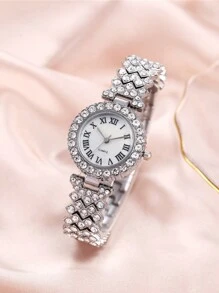 6 件套时尚优雅青少年个性化银色水钻石英手表搭配精美手链项链耳环戒指首饰套装送给朋友的礼物