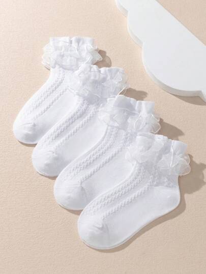 4 Pairs Girls Lace Trim Dance Socks, White Baby Socks