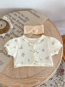 Blusa De Short Acolchada Con Burbujas De Manga Corta Y Estampado Floral De Moda Para Niñas Recién Nacidas De Verano, De 0 A 3 Años