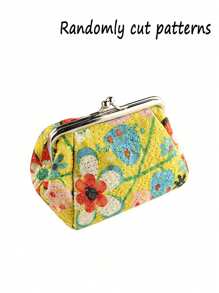 Floral Pattern Coin Purse, Women's Stylish Kiss Lock Storage Bag For Lipstick & Key Flower Coin Purse Embroidered Cloth Makeup Pouch Holder Vintage Makeup Organizer Pouch With Kiss Lock (Yellow) - View 3