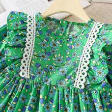 Young Girl Spring/Summer Vacation Style Floral Print Ruffle Trimmed Dress With Fringe Hem