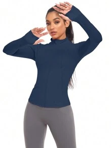 1pc Women Sporty Jacket With Thumb Hole, Slim Fit For Running & Yoga, By VUTRU - Navy Blue - View 10