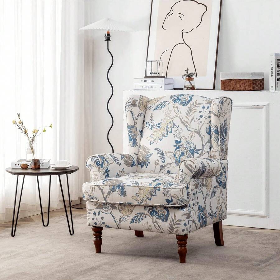 Fabric Accent Chair, Modern Upholstered Armchair With Solid Leg, Leisure Single Sofa Chair For Living Room Bedroom Reading And Studio, Floral Print - 藍白色 - 查看 1