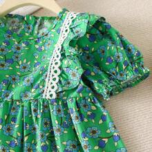 Young Girl Spring/Summer Vacation Style Floral Print Ruffle Trimmed Dress With Fringe Hem