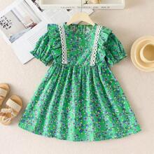 Young Girl Spring/Summer Vacation Style Floral Print Ruffle Trimmed Dress With Fringe Hem