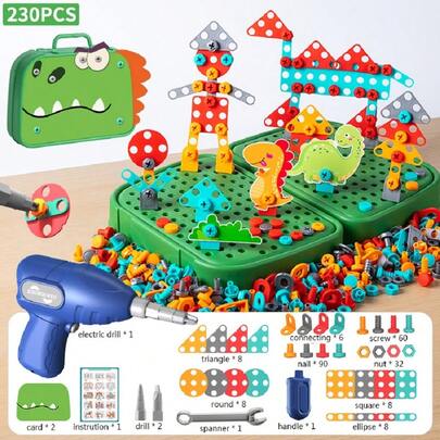 230 件/228 件模拟儿童工具玩具套装 3D DIY 拼图玩具电钻螺丝螺母角色扮演玩具 2D/3D 创意恐龙工具套装玩具益智玩具积木 DIY 玩具套装男孩女孩礼物电钻工具套件套装儿童工具玩具、磁力片、儿童工具套装、钻头玩具、电动、钻头套装玩具、玩工具套装、建筑工具、儿童工具套装、钻头玩具