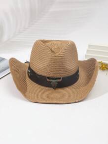 1pc Unisex Cattle Head & Belt Decor Boho Cowgirl Hat Cowboy Hat Visor Straw Hat Beach Hat For Outdoor - Multicolor 3 - View 2