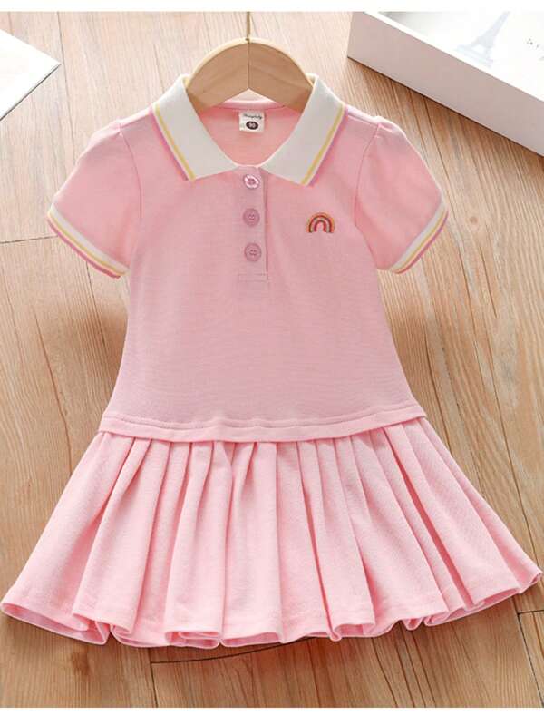 Young Girl 2024 New Summer Preppy Style Color Block Rainbow Embroidery Short Sleeve Polo Dress