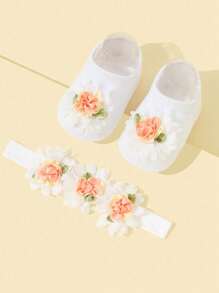 Baby Princess Style Flower Decor Hairband 1pc + 1pair Anti-Slip Sole Floor Socks Learning Walking Socks Love Valentine - White - View 2