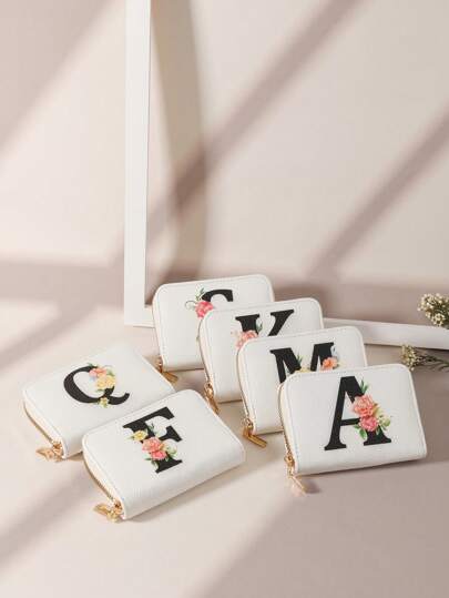 字母套装，配水彩花朵和树叶 时尚印花拉链，多卡位卡片收纳盒，用于存储信用卡，轻便多层便携式身份证信用卡，简约时尚现代商务，周年纪念，生日礼物，女孩，女士，女包，学校用品，宿舍和返校，女士钱包，钱包，小钱包