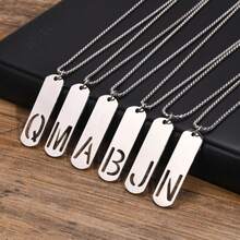 1pc Rectangle Tag English Letter Pendant Silver Tone 60cm Long Chain Necklace, Unisex - Silver - View 2