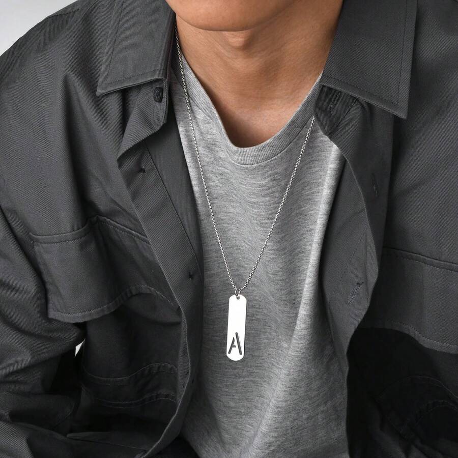 1pc Rectangle Tag English Letter Pendant Silver Tone 60cm Long Chain Necklace, Unisex - Silver - View 1