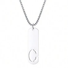 1pc Rectangle Tag English Letter Pendant Silver Tone 60cm Long Chain Necklace, Unisex - Silver - View 32